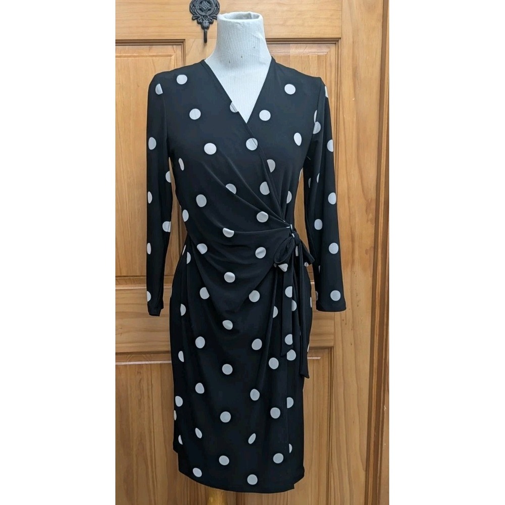 Ann Klein Women's Size Small Dress Black White Polka Dot Faux Wrap 3/4 Sleeves